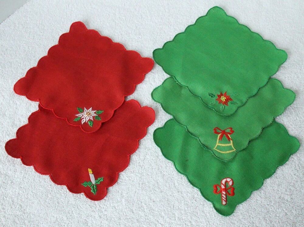 Christmas Cocktail Napkins Red & Green Embroidered Set of 5 Vintage Philippines